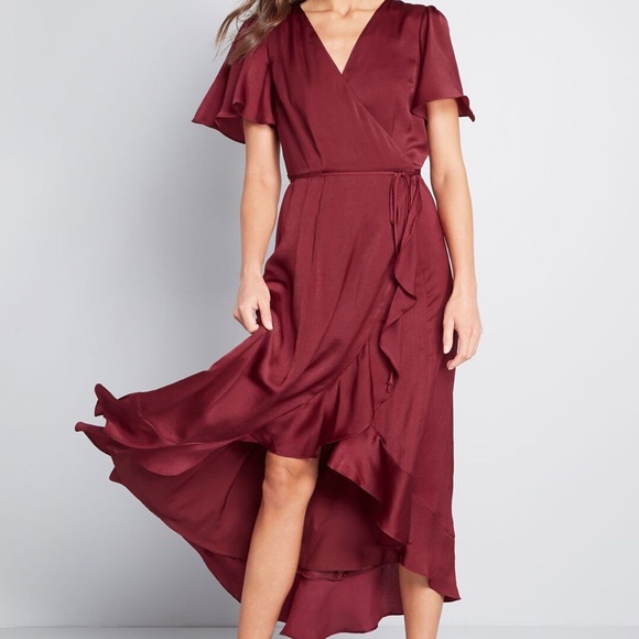ModCloth Wine/Maroon Wrap Dress Size XXS 00/0 Gorgeous Ruffled Hem - Picture 11 of 13